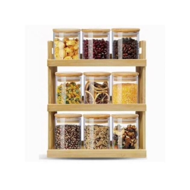 Ensemble de 9 Pots à Épices en Verre avec Support en Bois – Élégant & Pratique