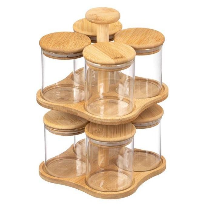 Organiseur d'épices en bambou – 2 niveaux avec 8 bocaux en verre
